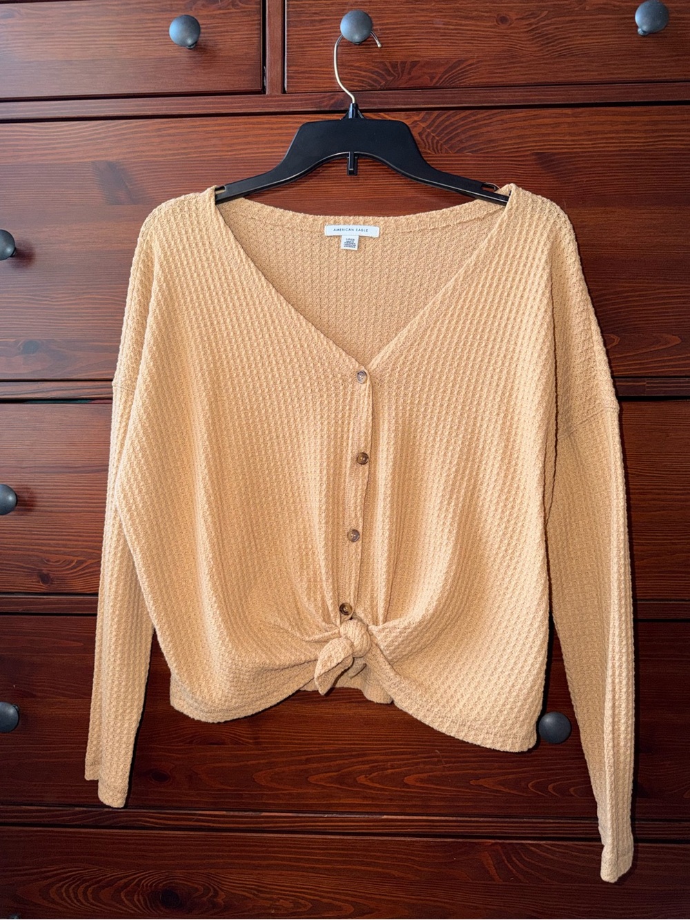 American Eagle Waffle Knit Tie Front Cardigan Tan Button Front Small